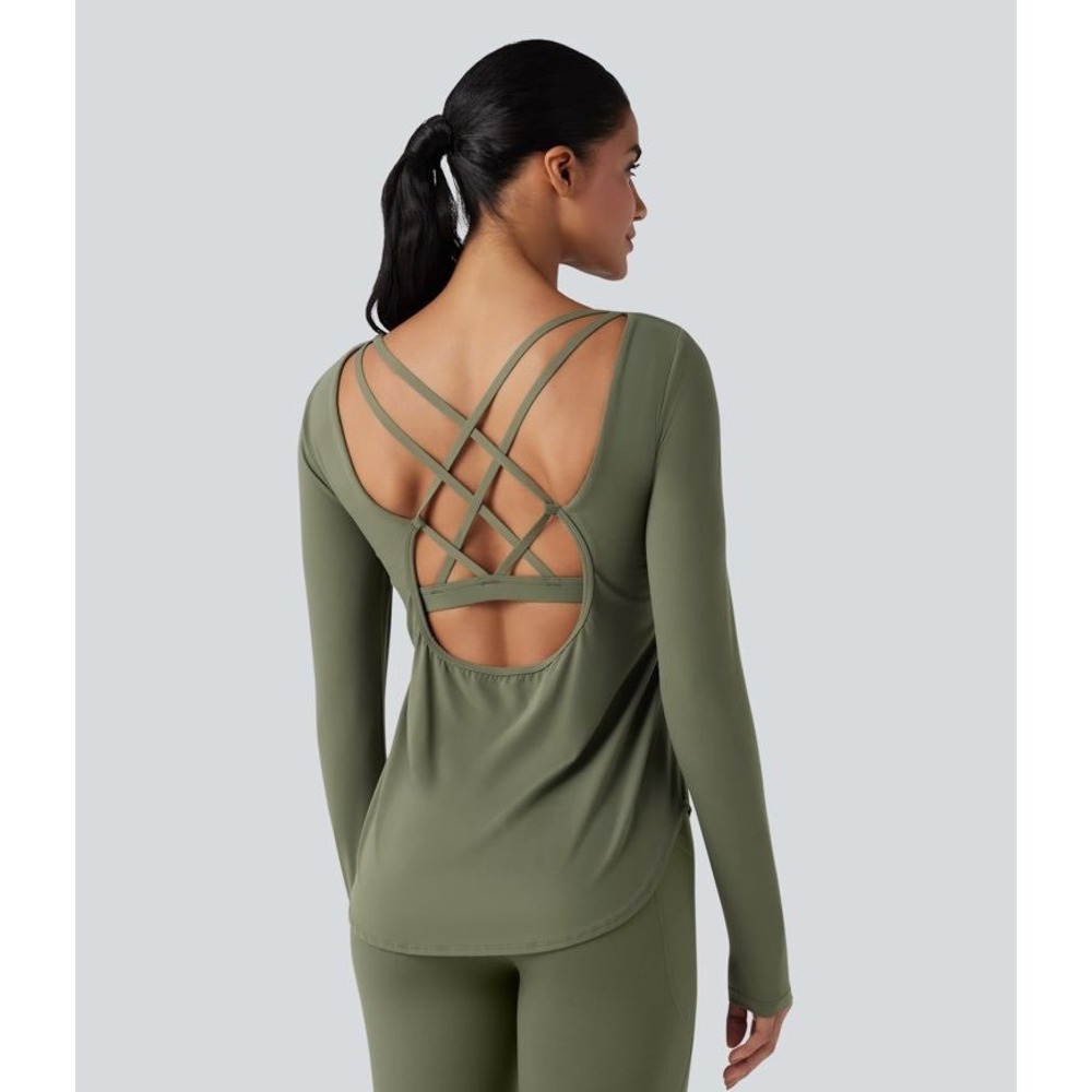 Halara Olive Green UltraSculpt Crisscross Backless Long Sleeve Curved Hem Top Lg